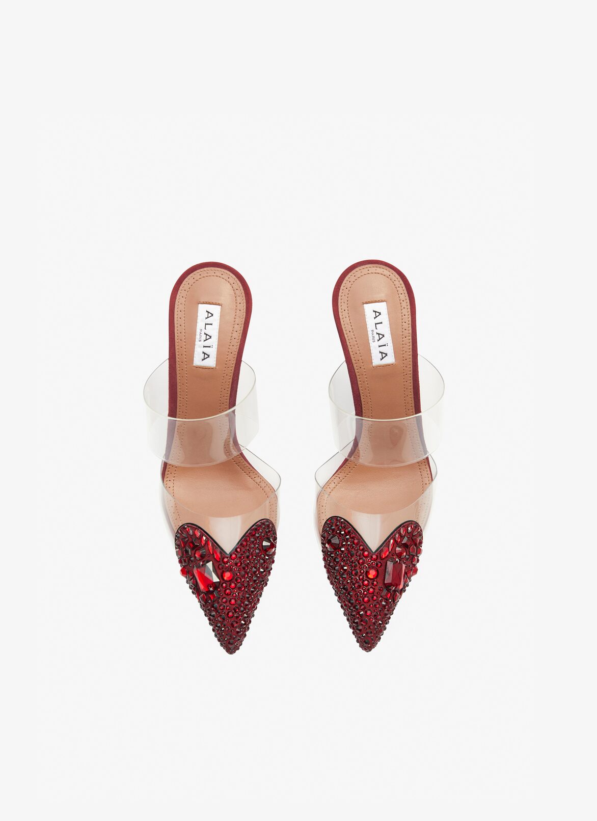 Heart mules in suede goatskin with crystals ALAÏA RED HEART MULES IN SUEDE GOATSKIN WITH CRYSTALS